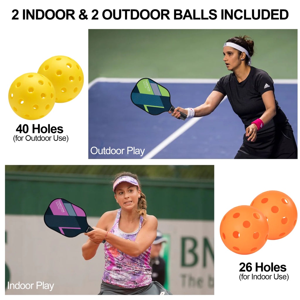 4-Pack Fiberglass Pickle Ball Set with 4 Balls & Portable Bag - Lightweight Pickleball Paddles for Indoor/Outdoor
