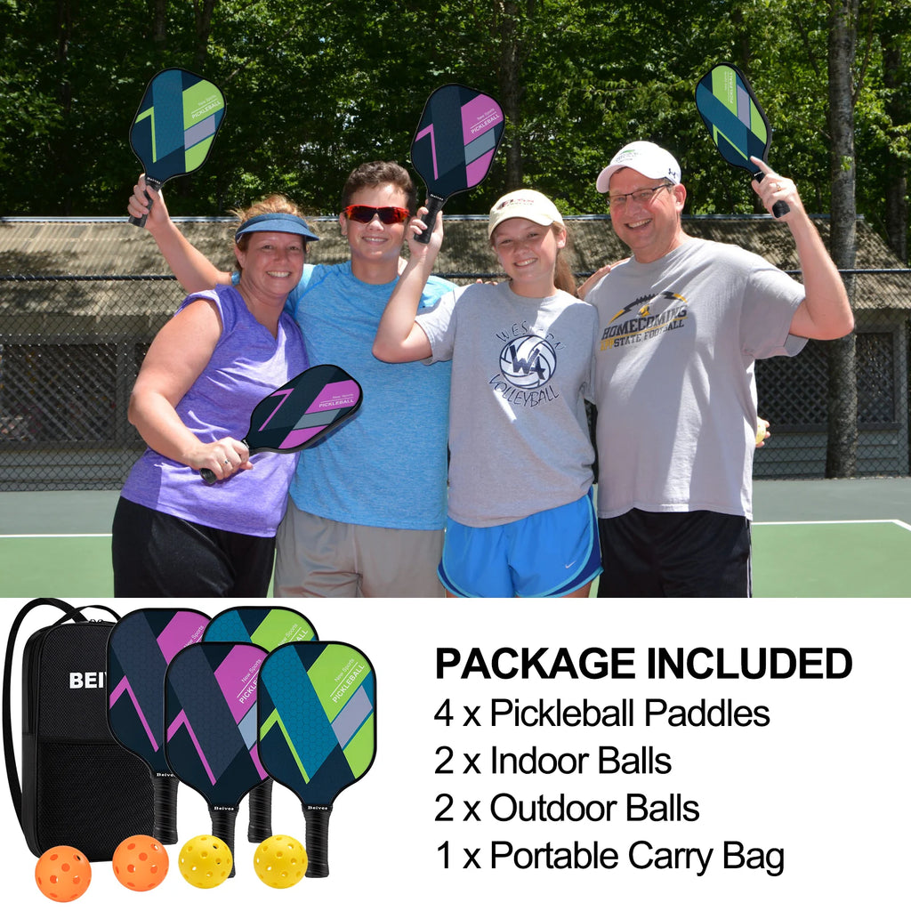 4-Pack Fiberglass Pickle Ball Set with 4 Balls & Portable Bag - Lightweight Pickleball Paddles for Indoor/Outdoor